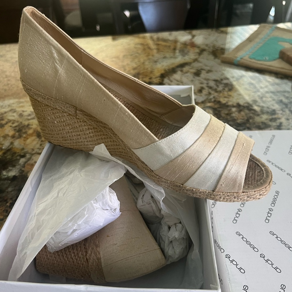 ANDRE ASSOUS BeigeLinen Wedge   Gentle Worn - Size 9B    High Quality